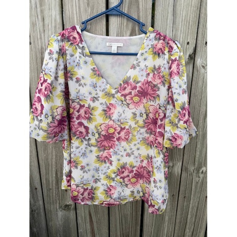 Cottagecore Floral Cato Puff Sleeve Blouse Large Pink Yellow V-Neck Chiffon Top